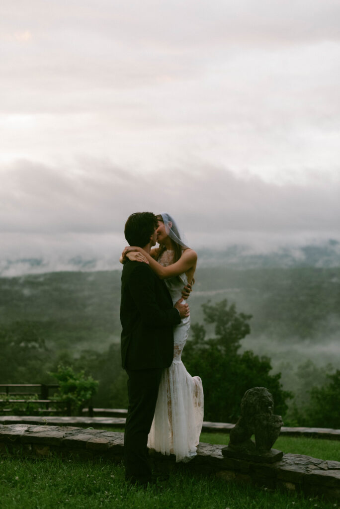 Bride & Groom dancing in the sunset at North georgia Elopement with Mountains in the background