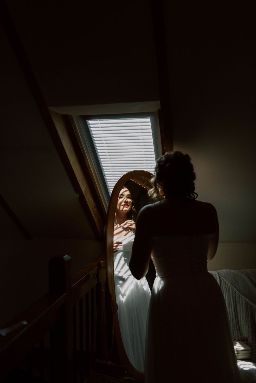 bride getting ready at jane austen inspired intimate backyard wedding