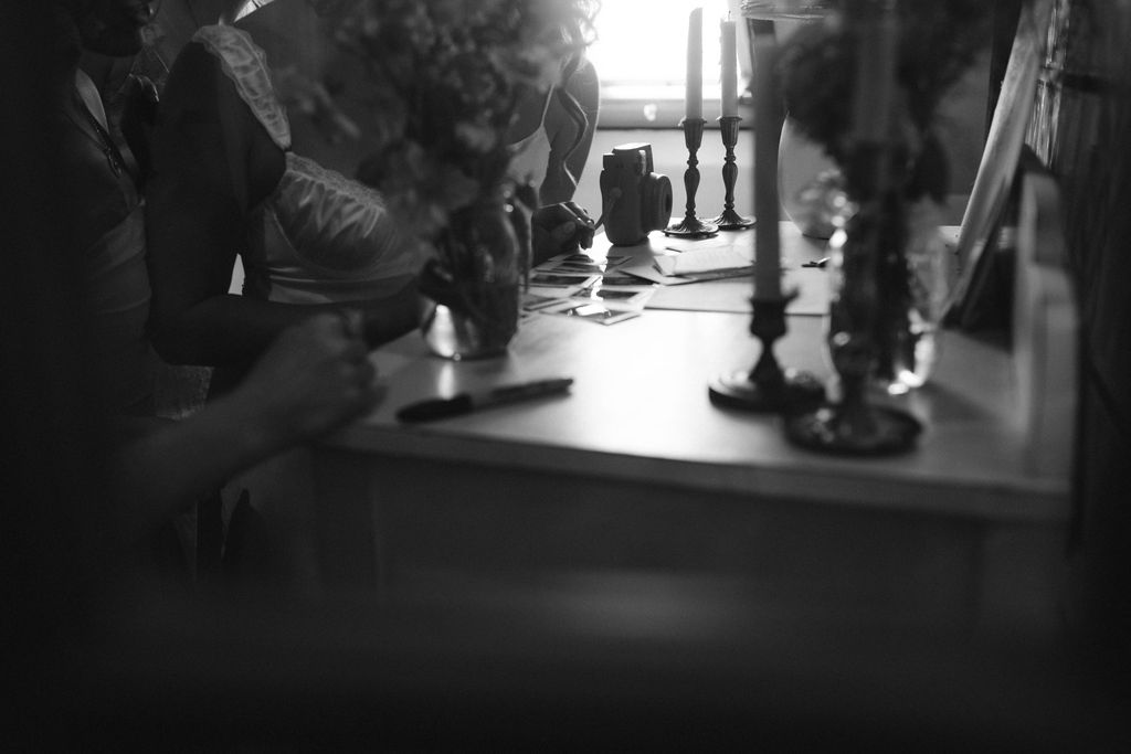 bride & bridesmaids getting ready at jane austen inspired intimate backyard wedding