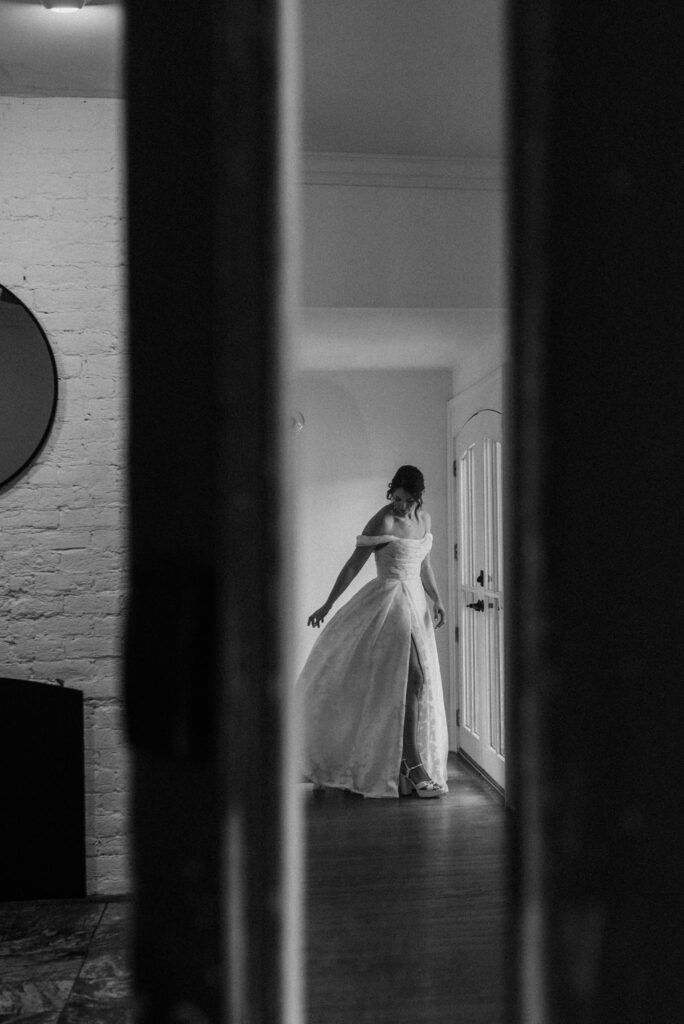 b&w photo of the bride before the ceremony
