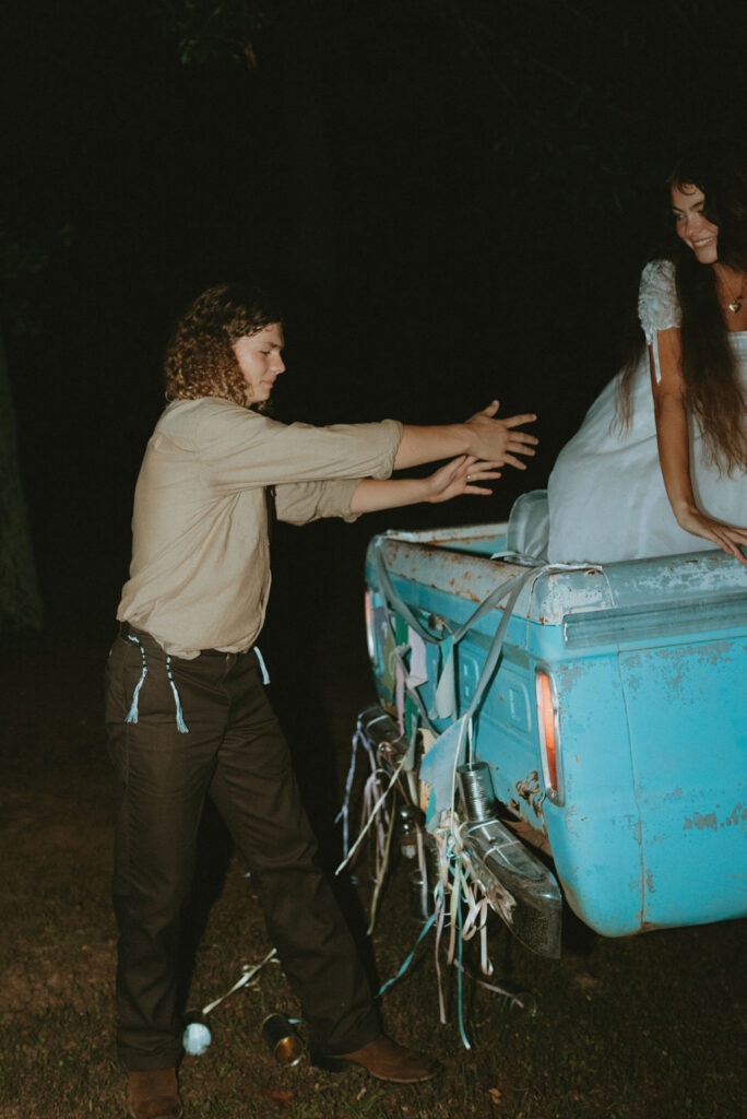 Colorful and Eclectic Backyard Intimate Wedding Day in Georgia Thrifted dress & mary janes