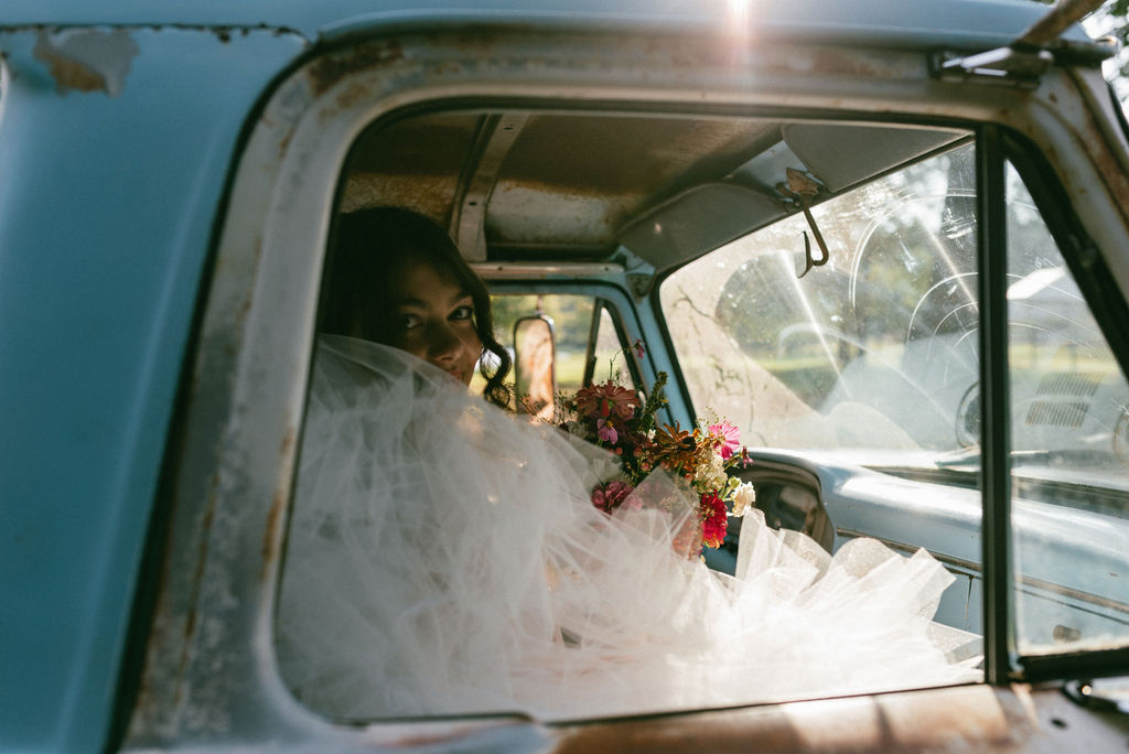 Colorful and Eclectic Backyard Intimate Wedding Day in Georgia Thrifted dress & mary janes