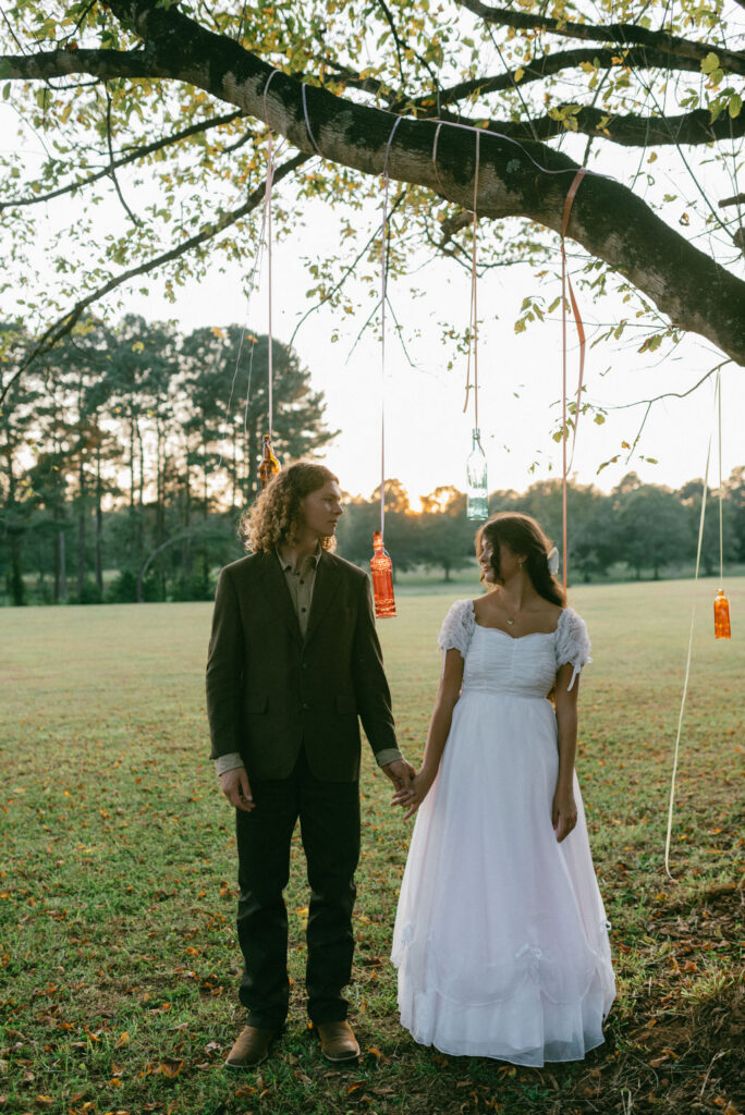 Colorful and Eclectic Backyard Intimate Wedding Day in Georgia Thrifted dress & mary janes