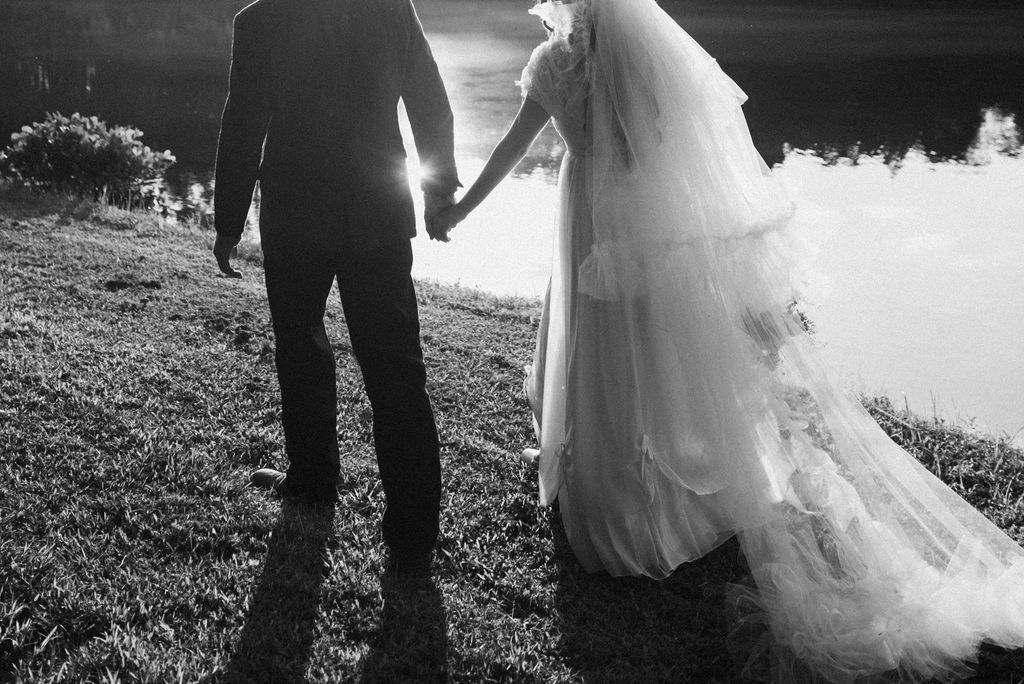 Colorful and Eclectic Backyard Intimate Wedding Day in Georgia Thrifted dress & mary janes