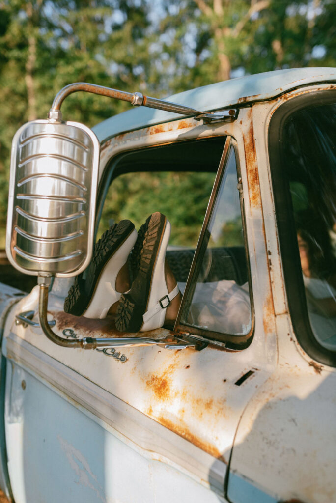 Colorful and Eclectic Backyard Intimate Wedding Day in Georgia Thrifted dress & mary janes