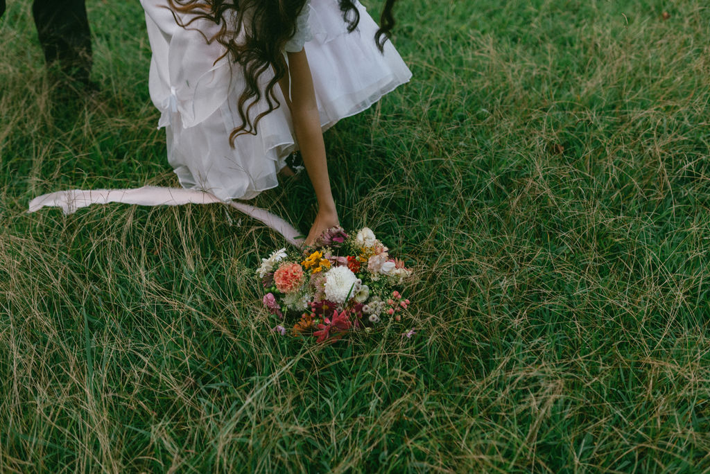 Colorful and Eclectic Backyard Intimate Wedding Day in Georgia Thrifted dress & mary janes