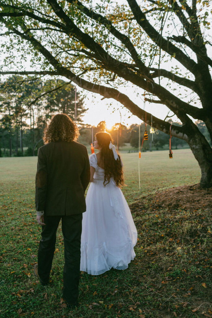 Colorful and Eclectic Backyard Intimate Wedding Day in Georgia Thrifted dress & mary janes