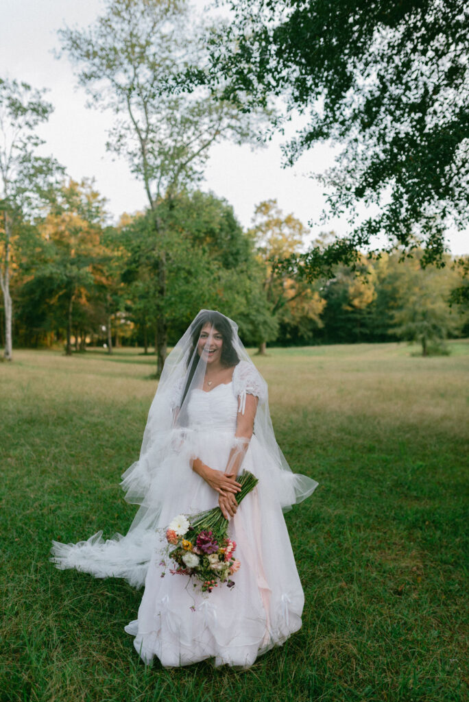 Colorful and Eclectic Backyard Intimate Wedding Day in Georgia Thrifted dress & mary janes