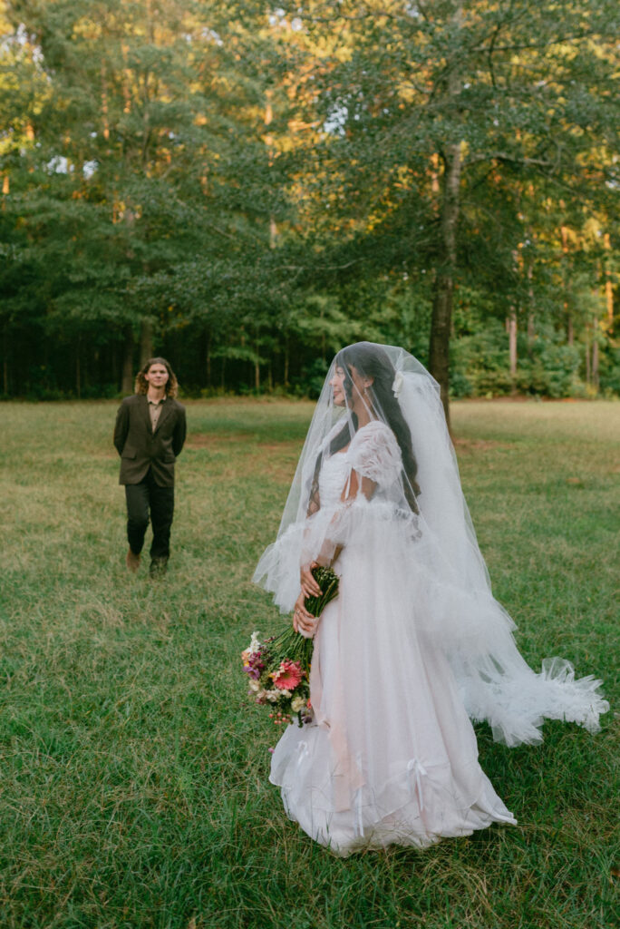 Colorful and Eclectic Backyard Intimate Wedding Day in Georgia Thrifted dress & mary janes