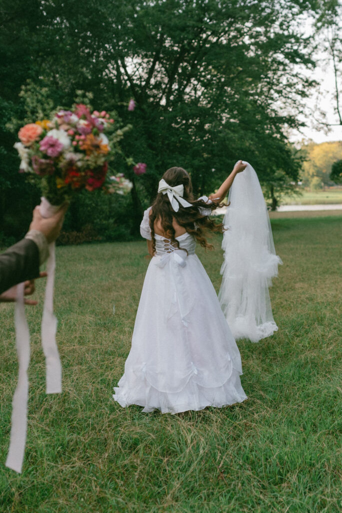 Colorful and Eclectic Backyard Intimate Wedding Day in Georgia Thrifted dress & mary janes