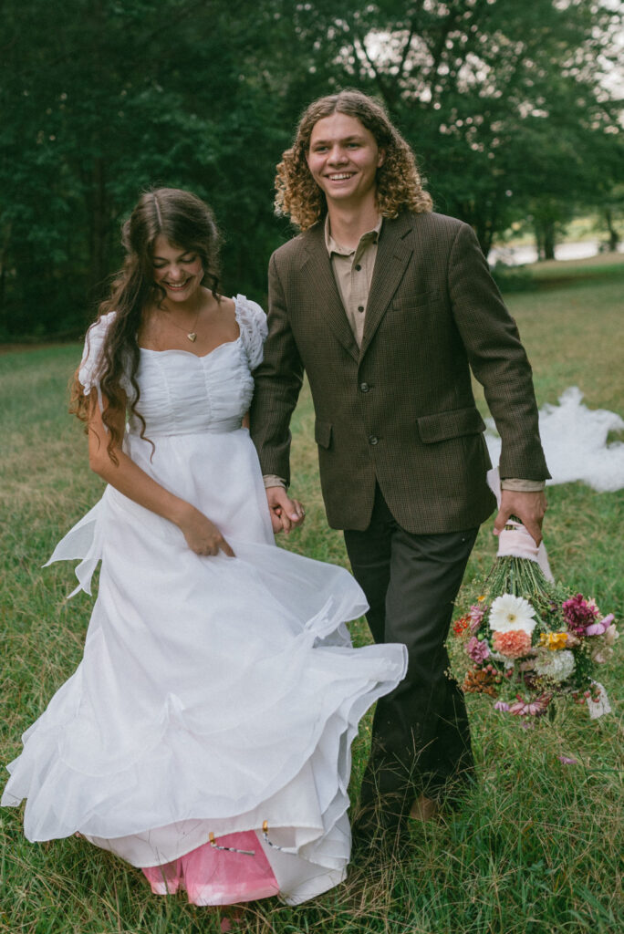 Colorful and Eclectic Backyard Intimate Wedding Day in Georgia Thrifted dress & mary janes