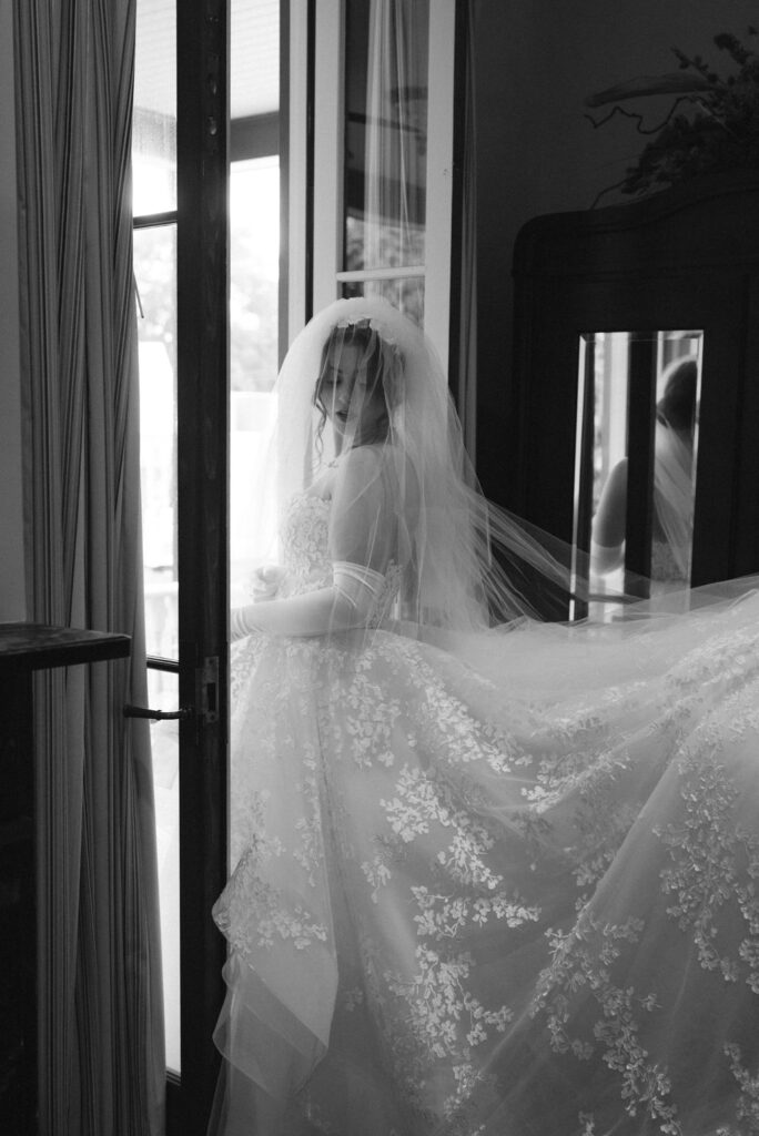 bride before heading to her classy wedding day ceremony
