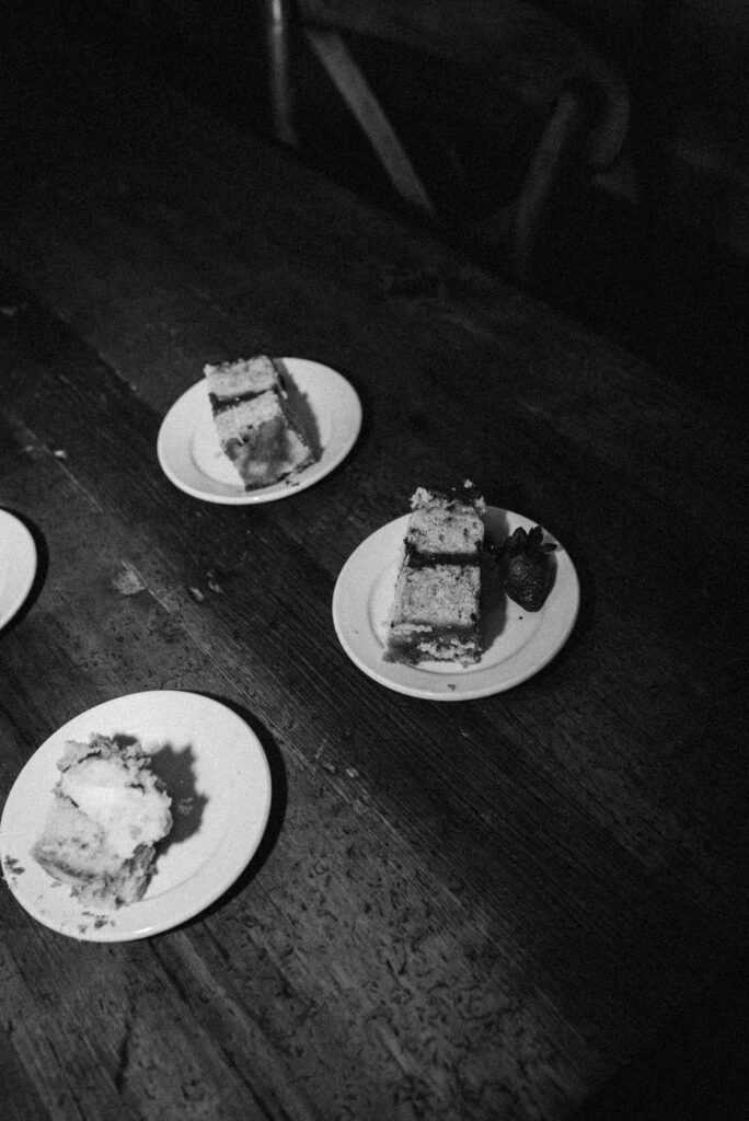 Cake slices on table at intimate elopement