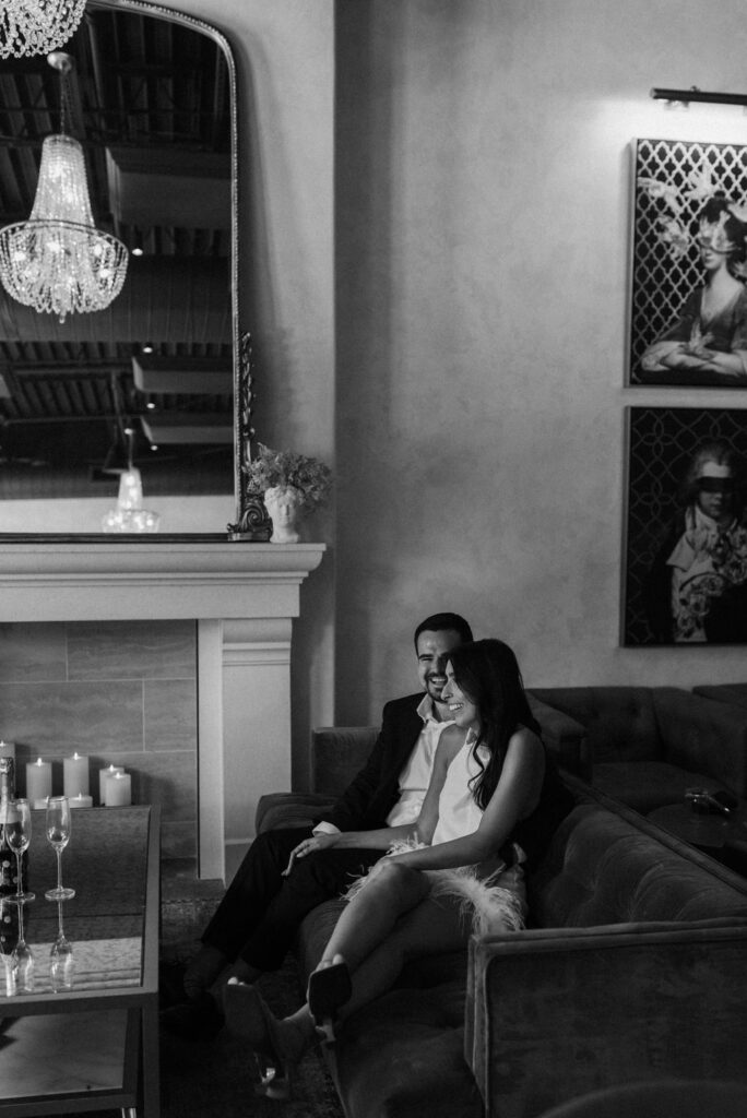 b&w portrait of the engaged couple 