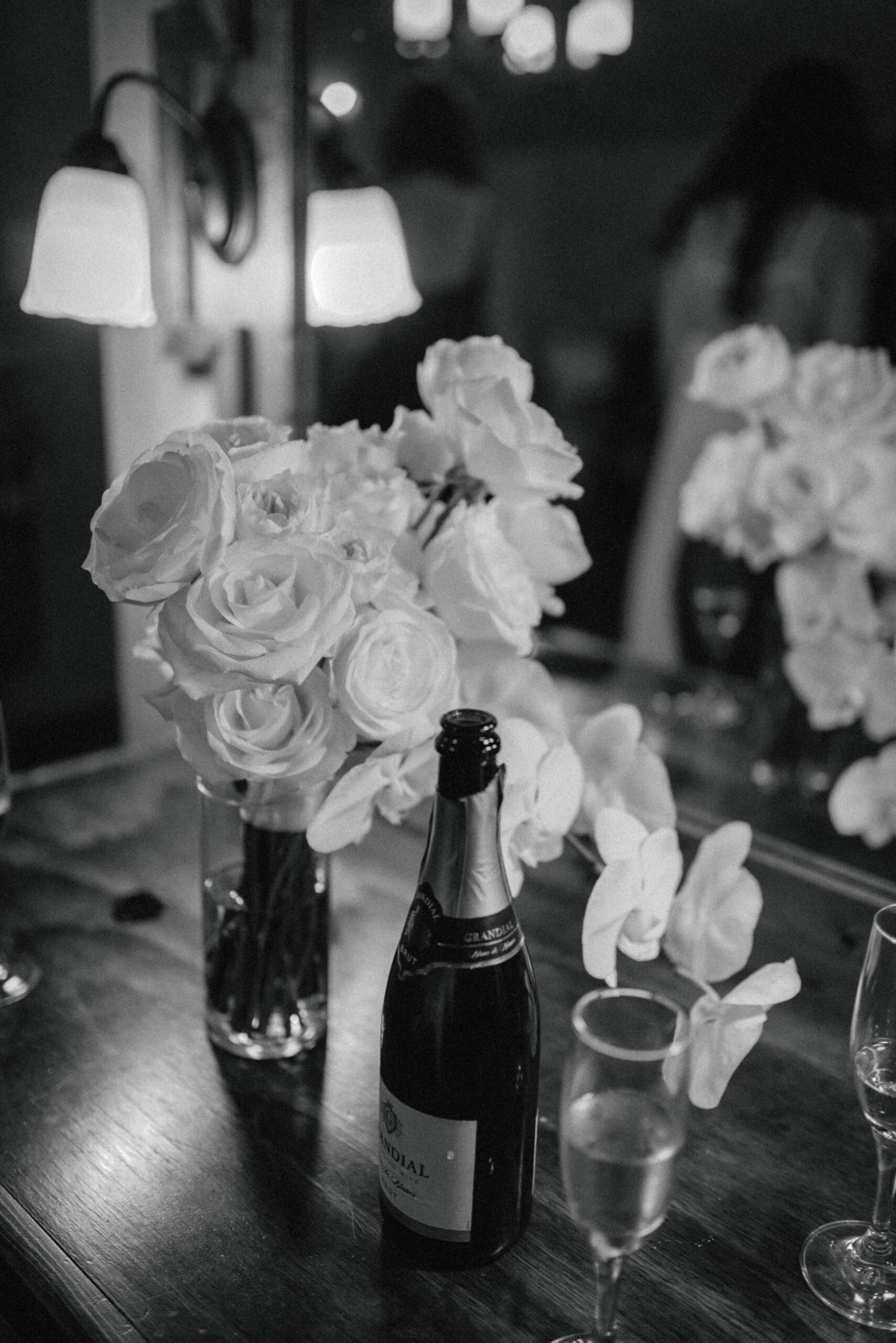 champagne and bouquet in bridal suite 