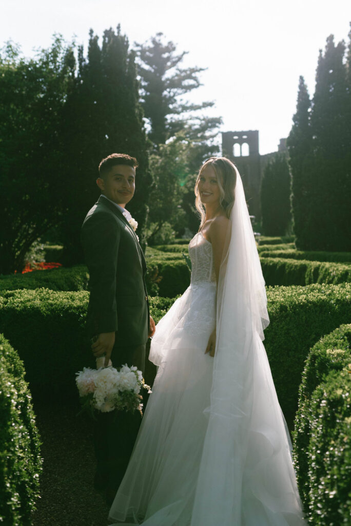 Bride and groom portrait garden wedding 