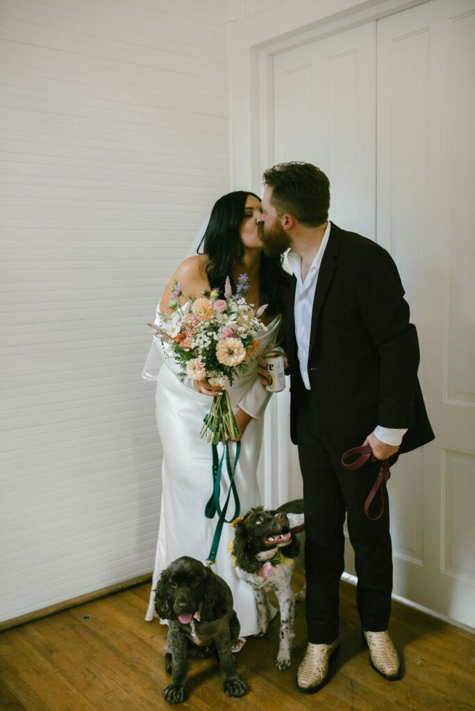 Bride and groom with their dogs