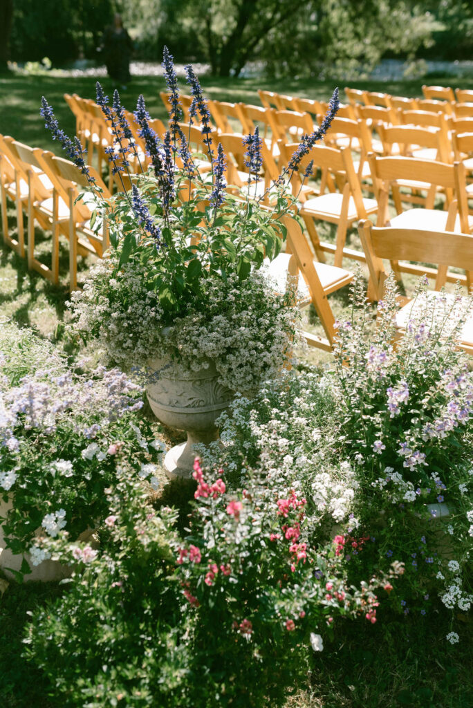 ceremony florals at jane austen inspired intimate backyard wedding