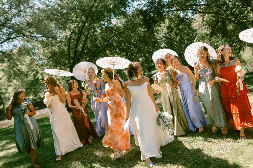bride & bridesmaids at a jane austen inspired intimate backyard wedding