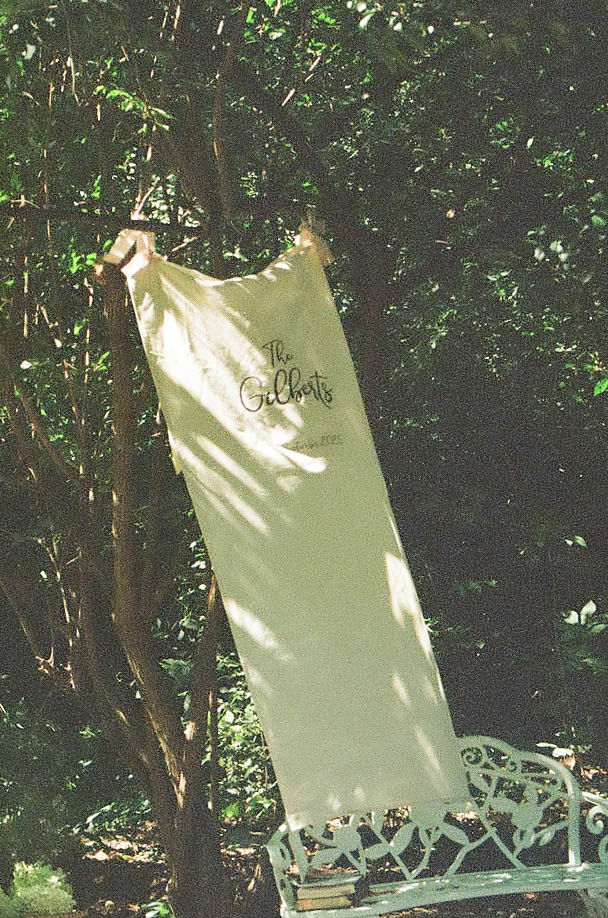 welcome sign at jane austen inspired intimate backyard wedding