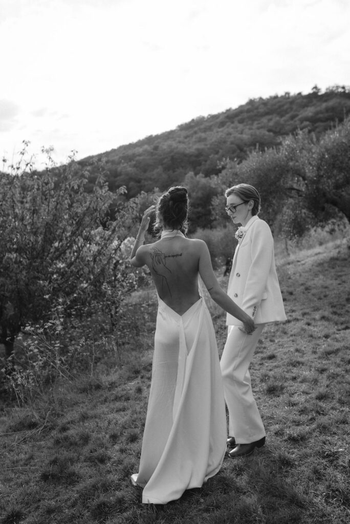 an intimate Italian escape wedding lgbtq wedding reception in an olive tree grove