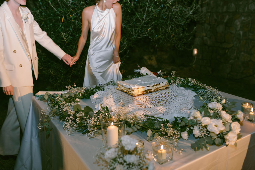 an intimate Italian escape wedding lgbtq wedding reception in an olive tree grove