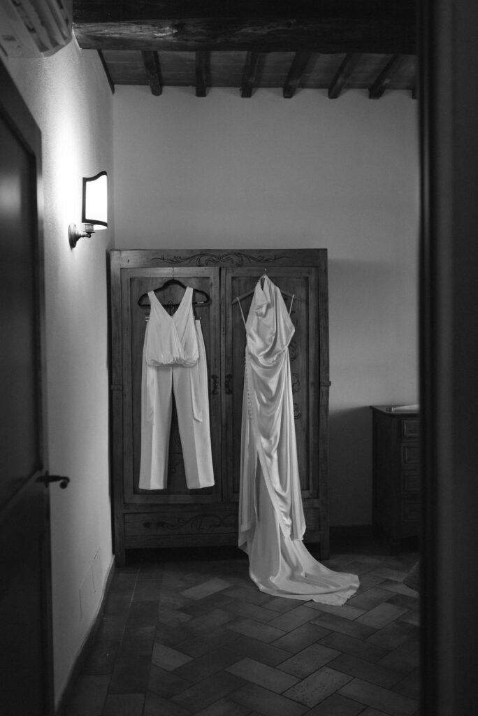 an intimate Italian escape wedding dress & suit getting ready 